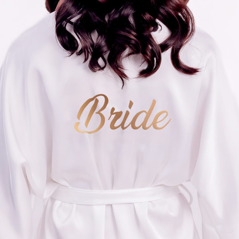 White Satin Bridal Robe for the Bride with Feathers and Gold Inscription