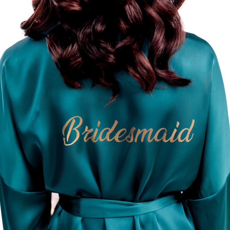 Satin Bridal Robe for Maid of Honor or Bridesmaid with Feathers – Bottle Green with Gold Lettering