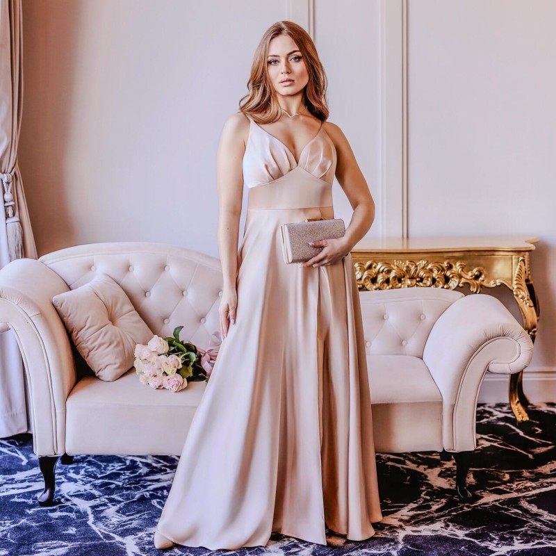 STELLA – Gold Satin Wedding Dress with Leg Slit