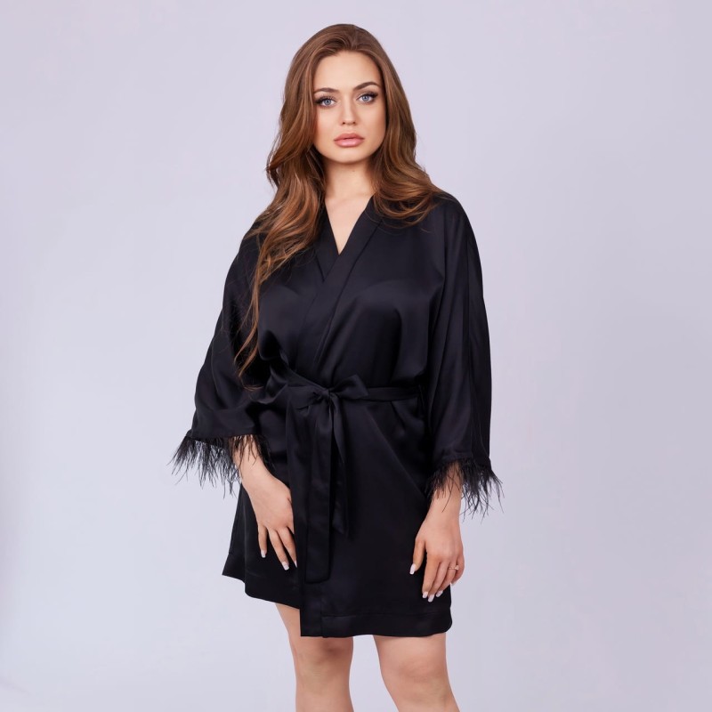 Black Satin Women's Robe with Feathers – Personalized Gift for Bridesmaid