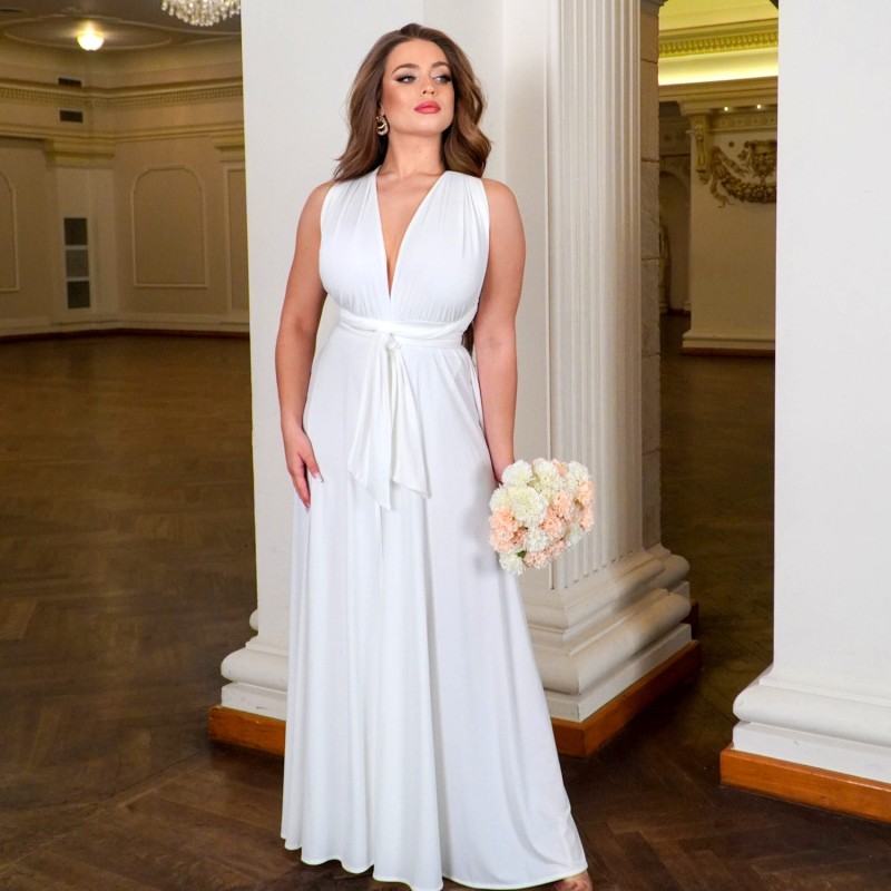 LISA – Langes Abendkleid aus Viskose mit Schlitz, mehrfach bindbar, Einheitsgröße, WEISS