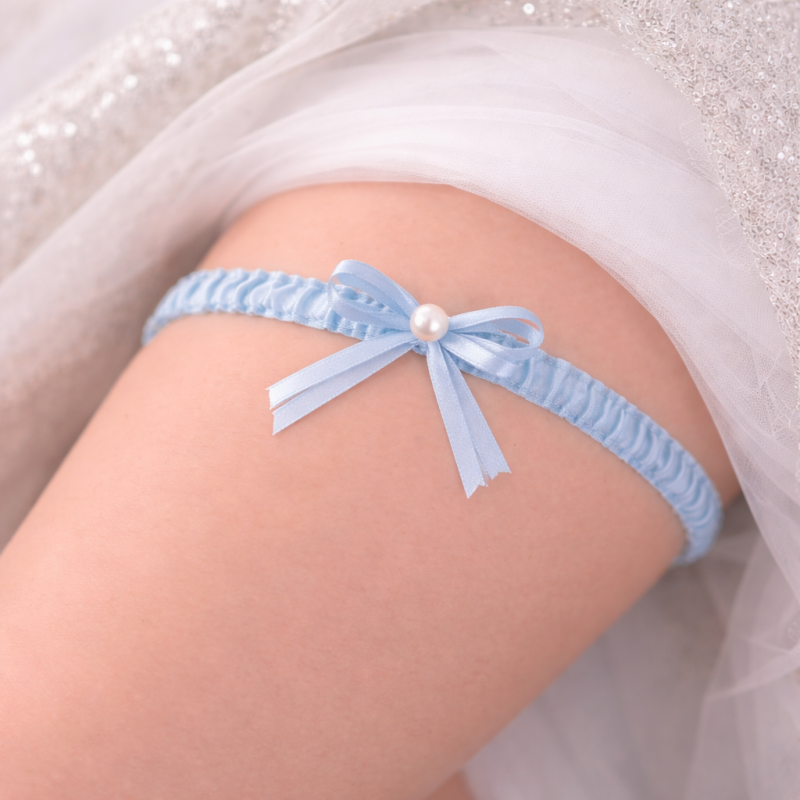 Blaue Braut-Strumpfband mit Perlen und Schleife handgemacht – BRIDAL STOLE