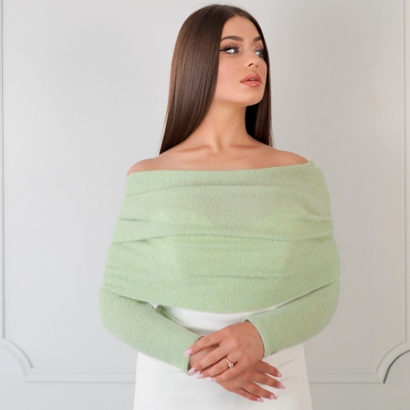 JULIETTE II PREMIUM – Brautstola salbeigrüne Pulli Bolero Pelzjacke Umhang Schal mit langen Ärmeln