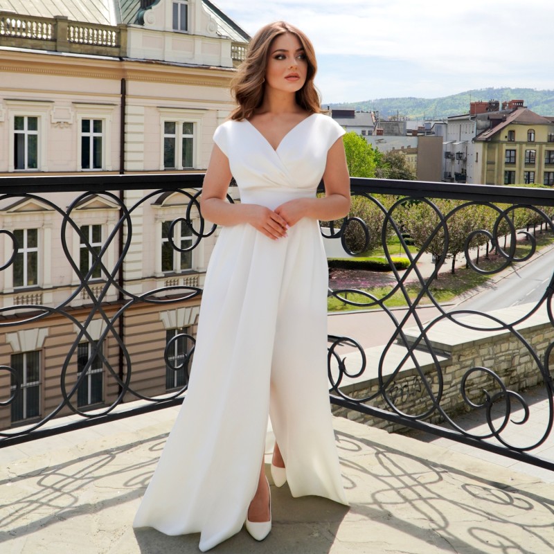 OPHELIA – White Wedding Long Wedding Evening Gown with Deep Neckline and High Slit for Prom, Formal Events Bridal Stole