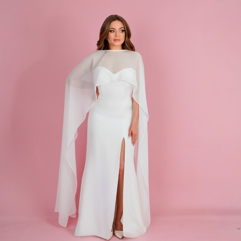 GRAZIA – Brautbolero Chiffon-Cape, bodenlange Brautstola, weißes Hochzeits-Überwurf