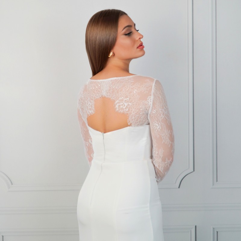LACE II - Brautbolero aus französischer Spitze mit langen Ärmeln – Weiße Brautstola für das Brautkleid