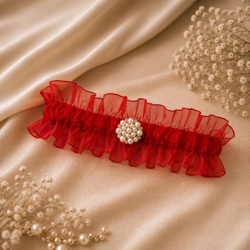 Rotes Tüll-Strumpfband für den Abschlussball mit goldenem Knopf handmade BRIDAL STOLE