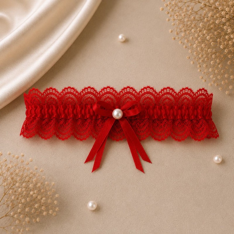 Rotes Spitzen-Strumpfband für den Abschlussball mit Perle handmade BRIDAL STOLE
