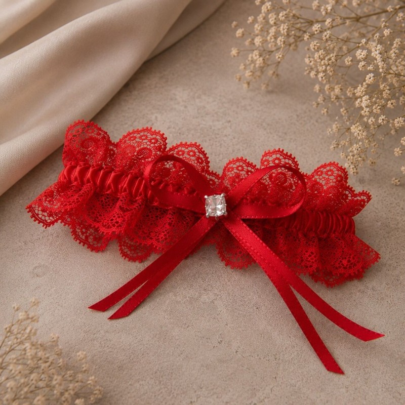 Rotes Spitzen-Strumpfband für den Abschlussball mit Diamant handmade BRIDAL STOLE