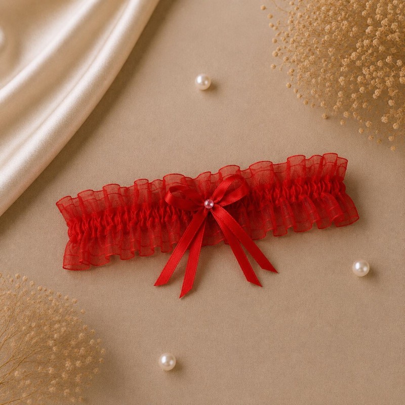Rotes Tüll-Strumpfband für den Abiball mit Schleife und Perle BRIDAL STOLE